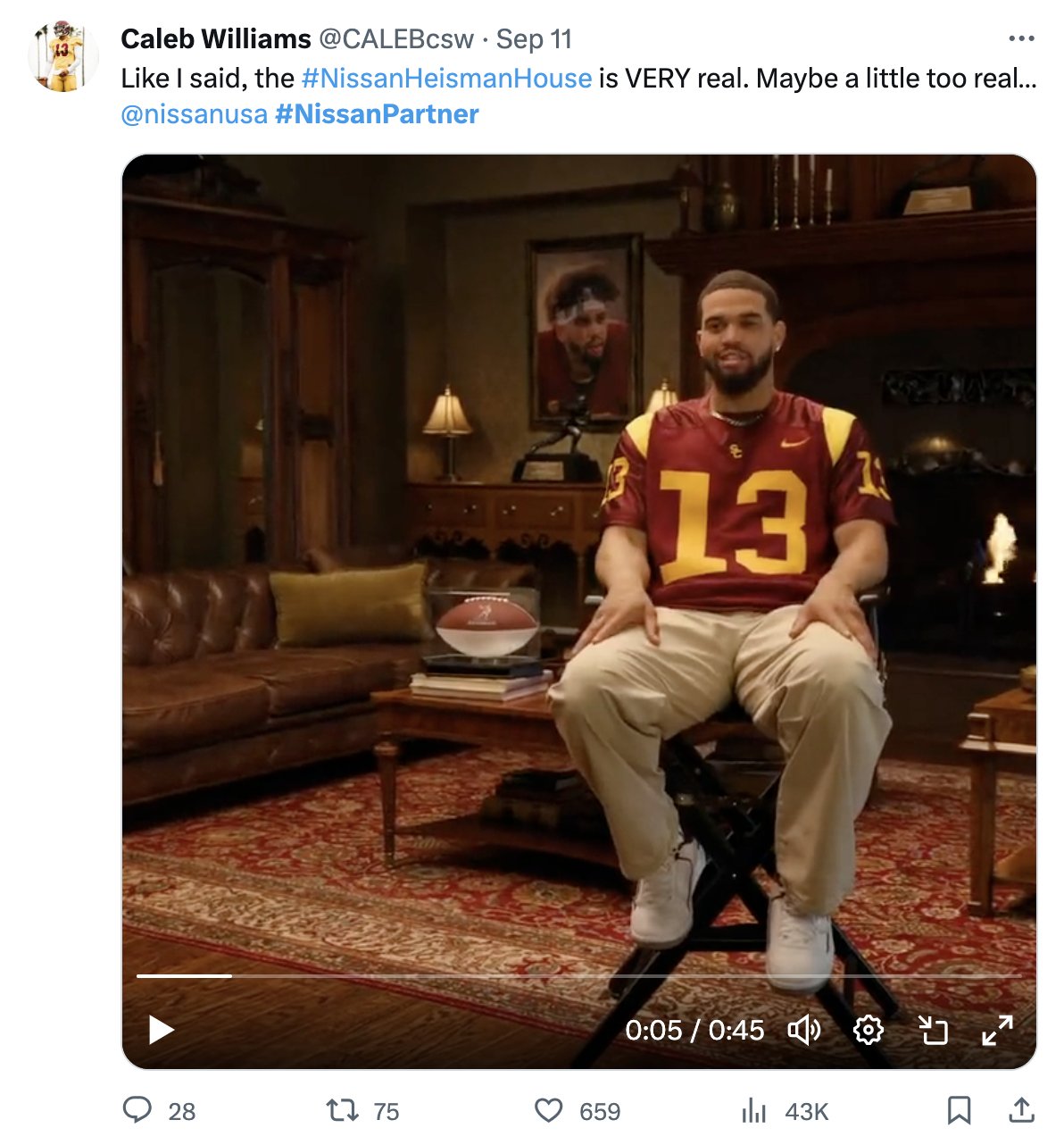 Caleb Williams tweet about Nissan Heisman House