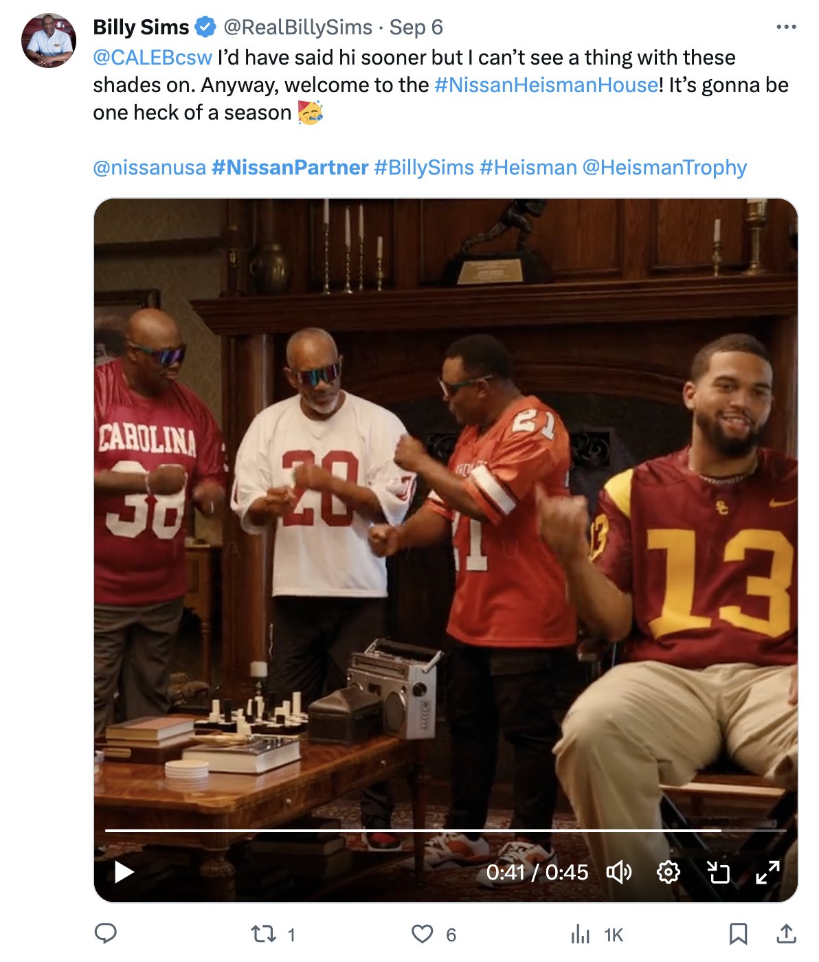 Billy Sims tweet welcoming Caleb Williams