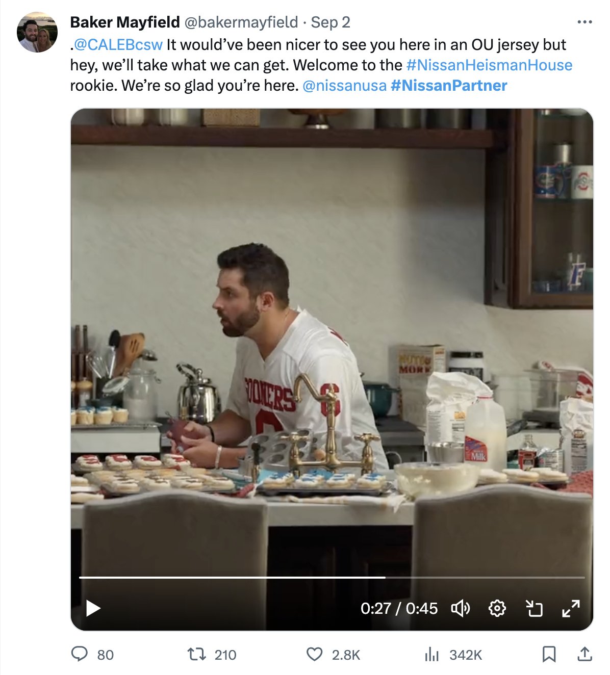Baker Mayfield tweet welcoming Caleb Williams