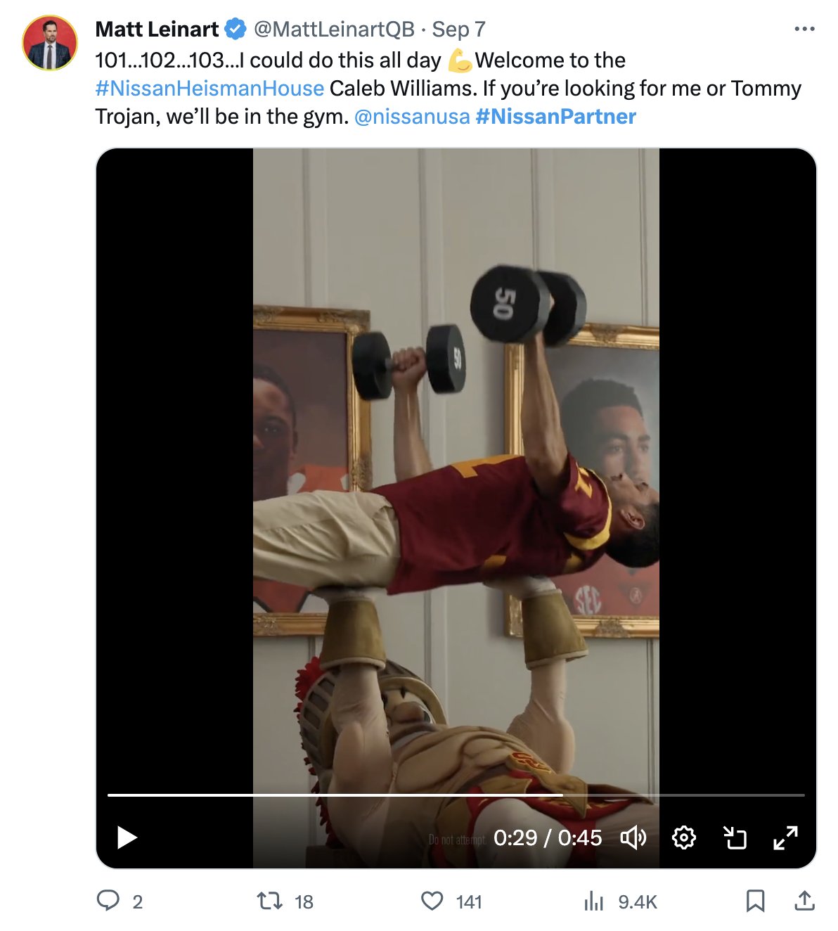 Matt Leinart tweet about gym workout