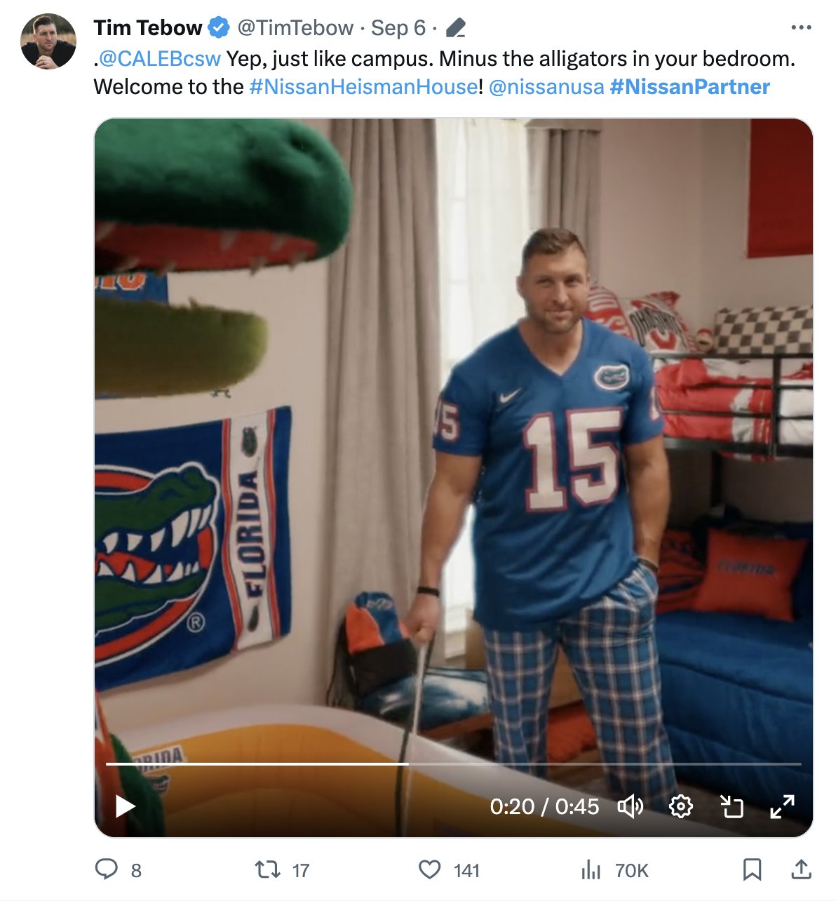 Tim Tebow tweet about alligators