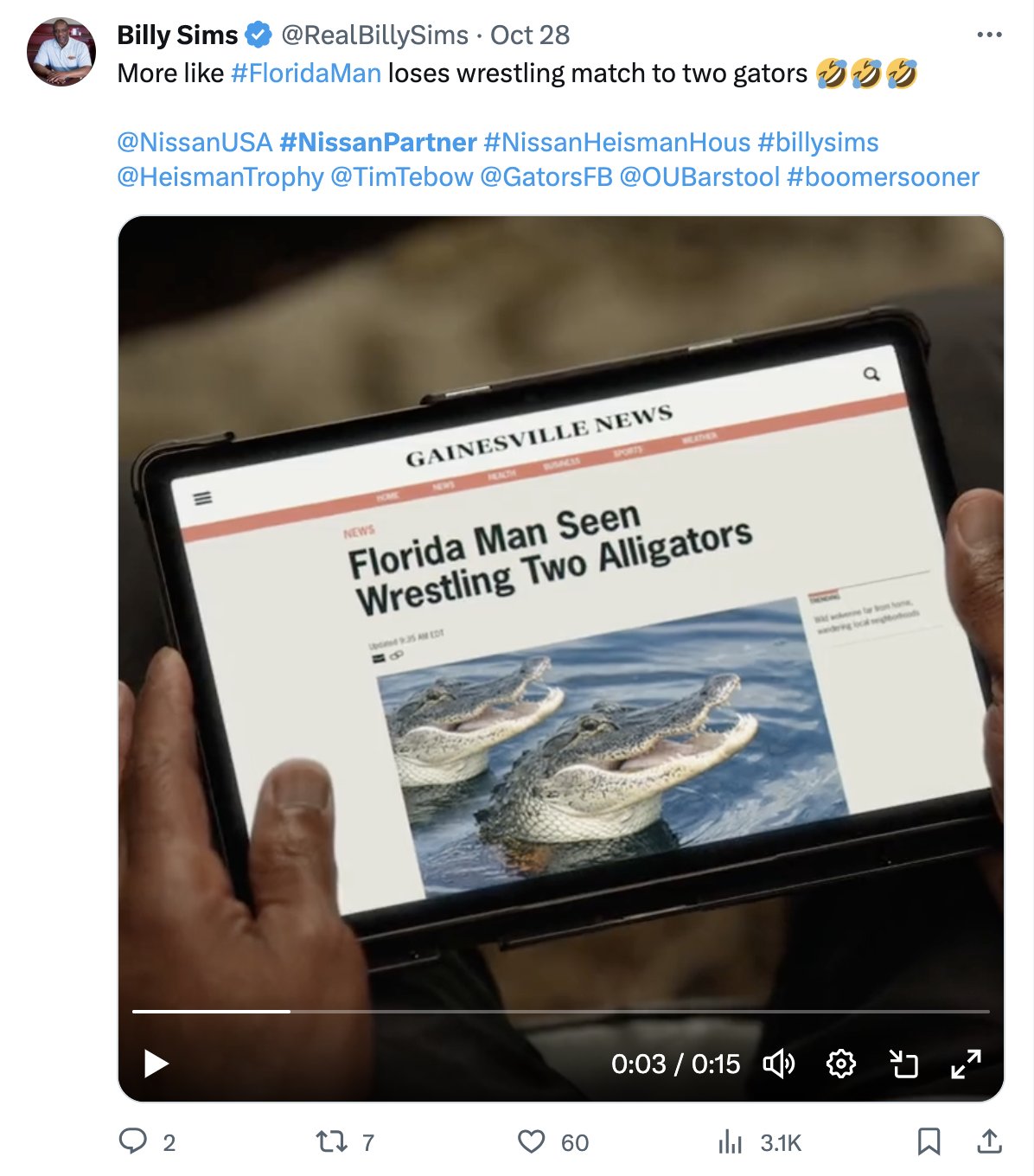 Billy Sims tweet about Florida Man