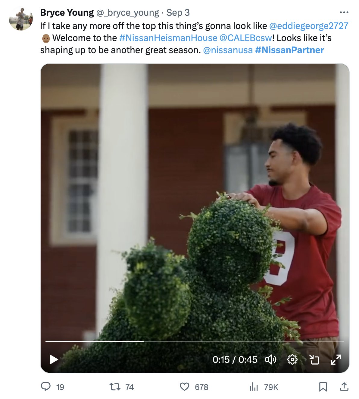 Bryce Young tweet about topiary haircut