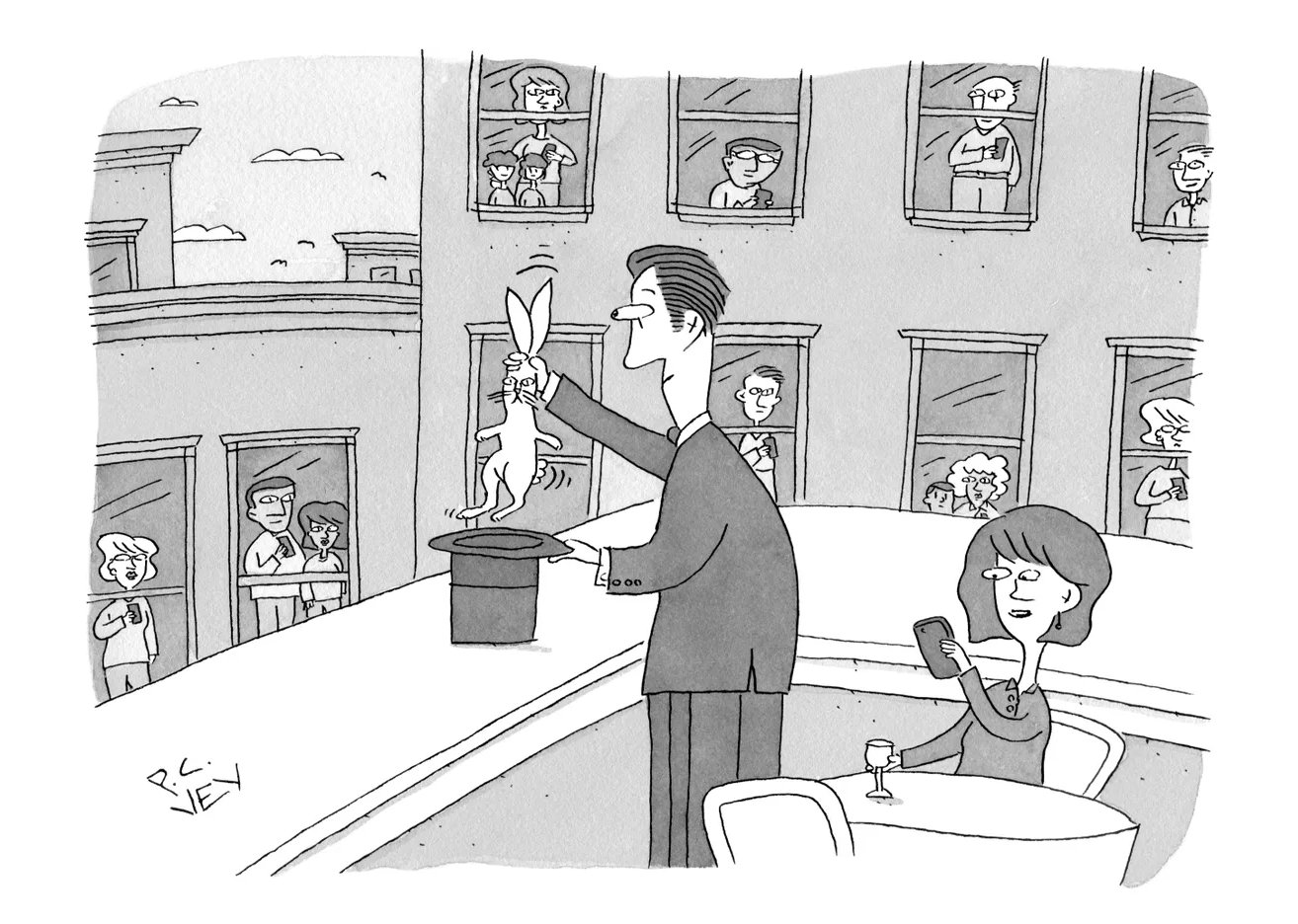 Magician pulling a rabbit from a hat while a woman photographs on her phone