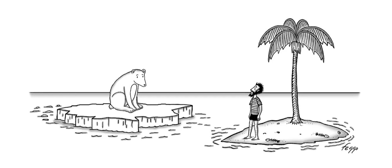 Polar bear on melting ice and castaway on desert island looking at each other