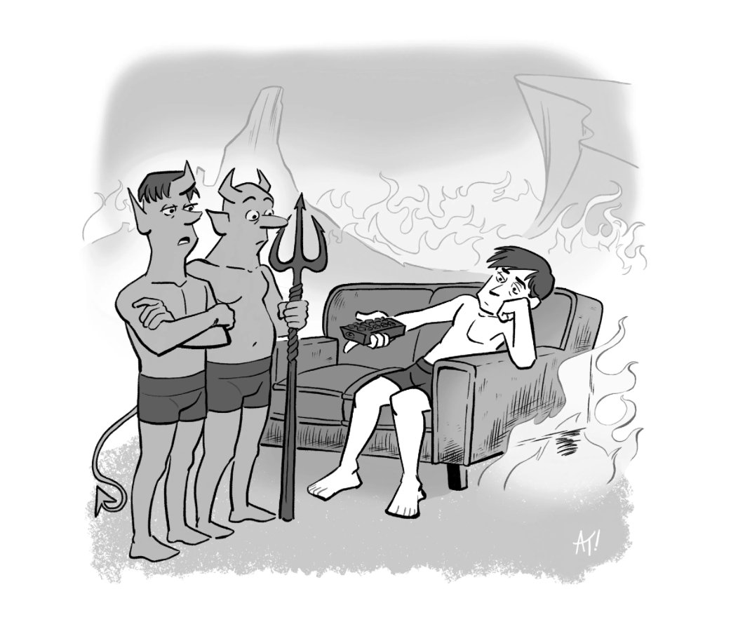 Two devils watching a man lounging on a couch in hell
