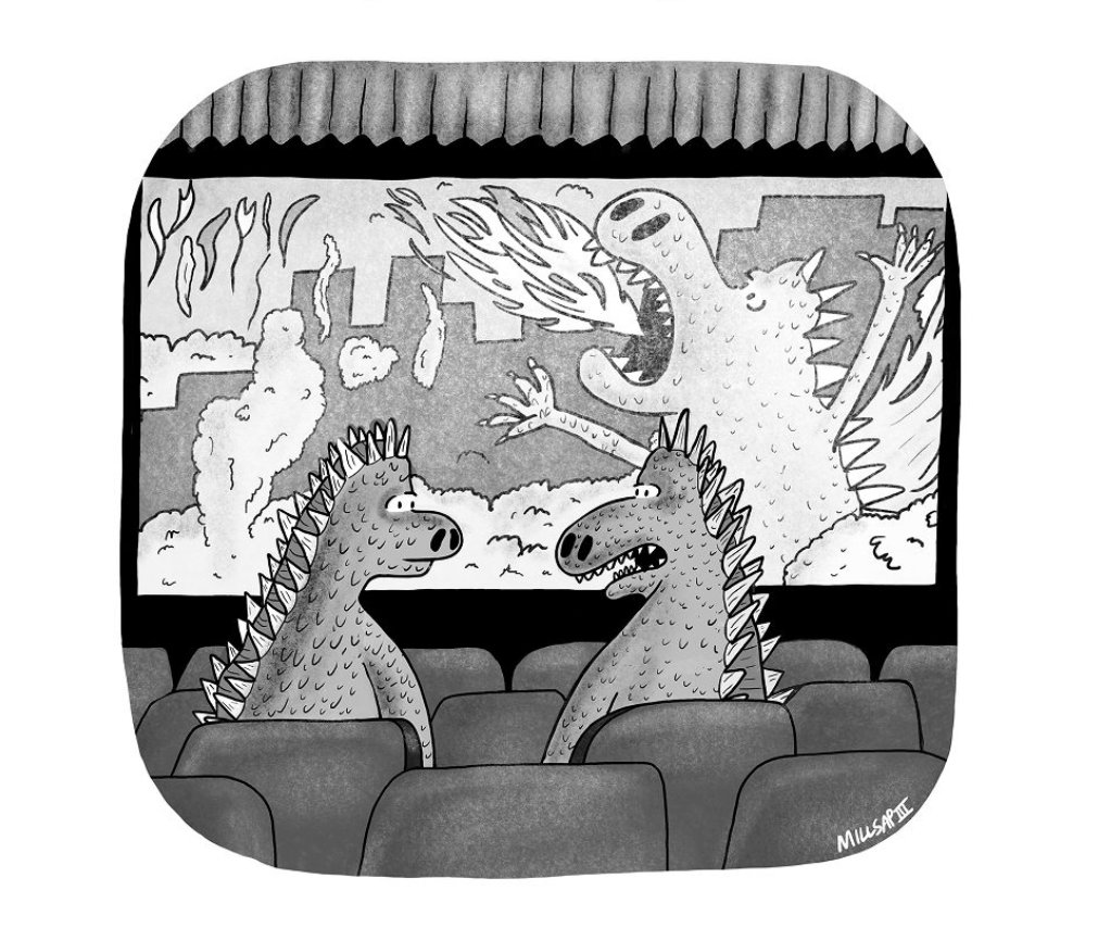 Two monsters watching a monster movie at the cinema