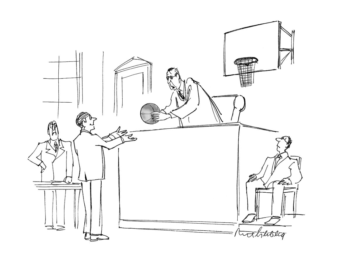 Courtroom scene with a basketball hoop behind the judge