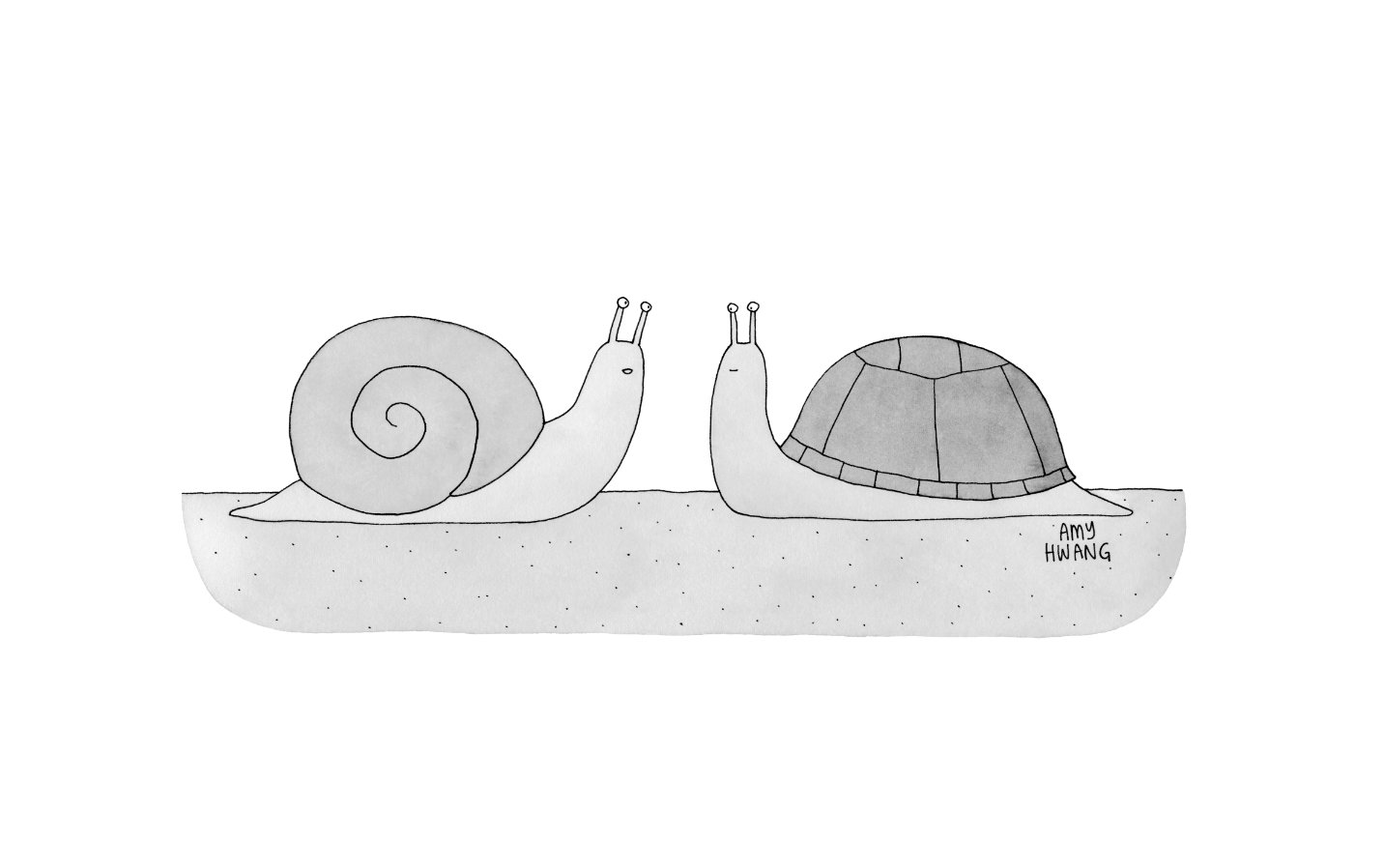 A snail and a turtle facing each other on a ledge