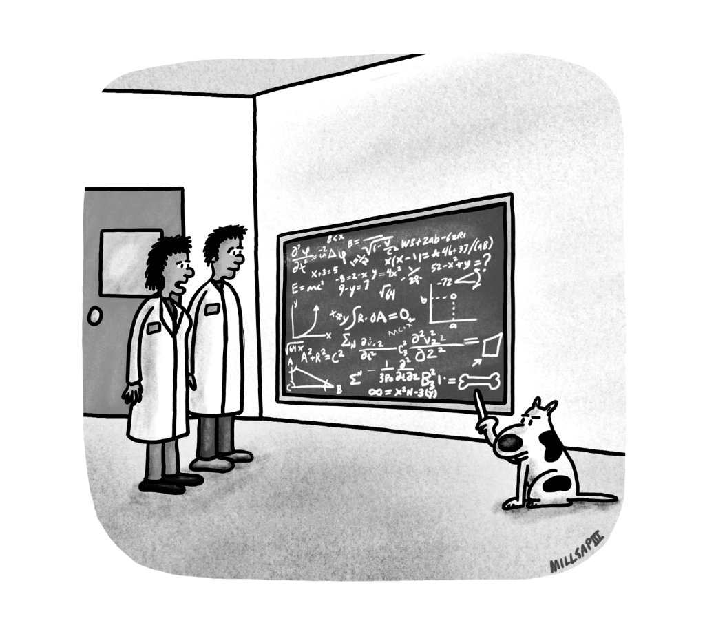 Dog presenting complex equations on a chalkboard to two scientists