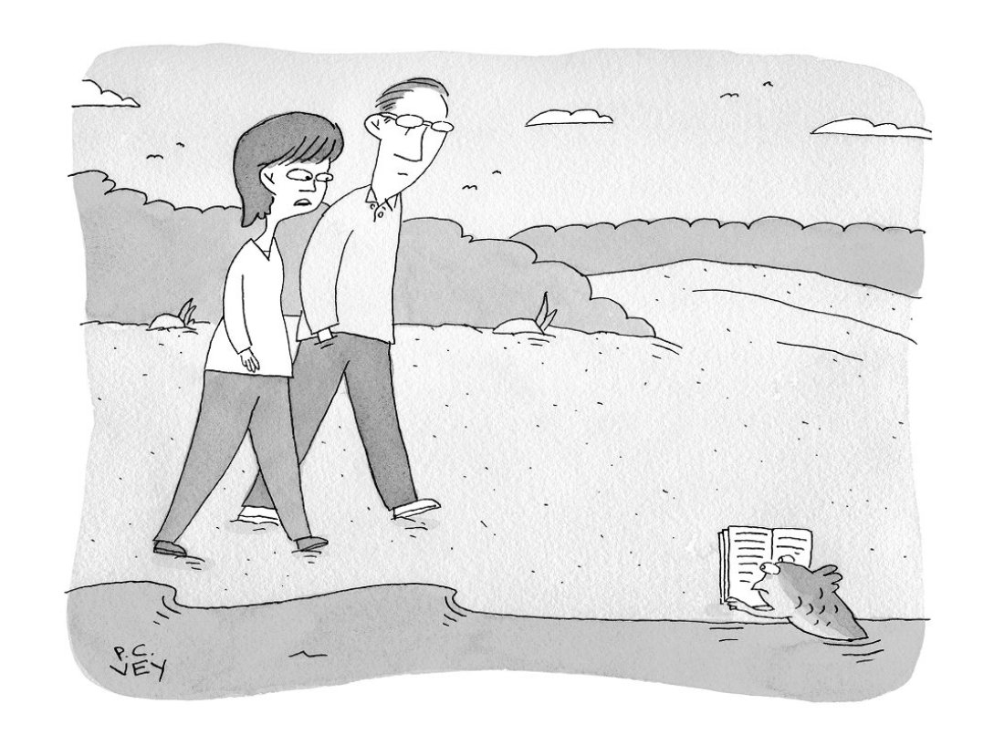 A fish reading a book at the water's edge while a couple walks by