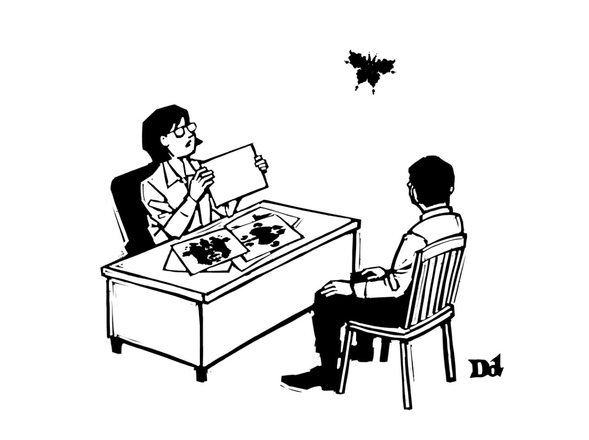 Therapist doing a Rorschach test as an inkblot flies off the card