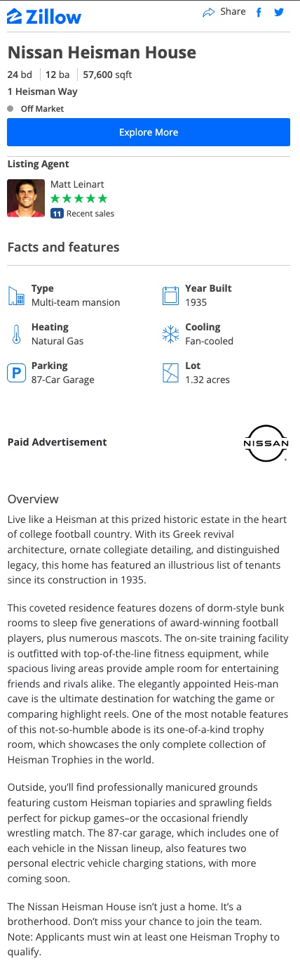 Nissan Heisman House Zillow Listing Page 1